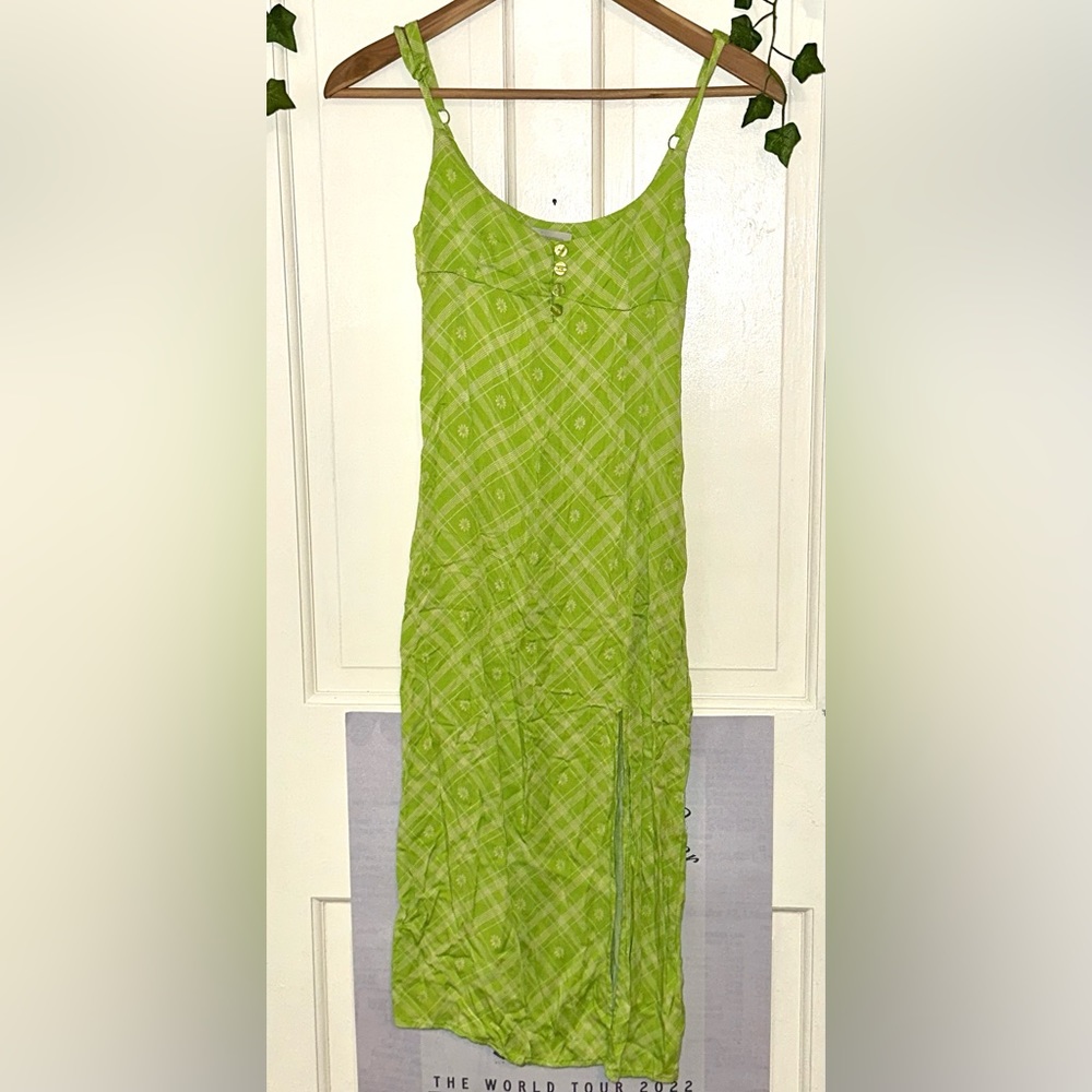 U.O. Green Tiera Slit Midi Slip Dress Scoop Neck Button Placket S